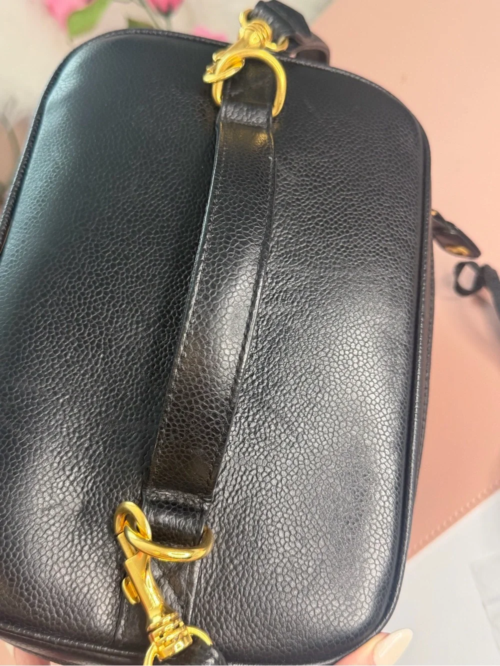 Chanel Black Caviar Vanity Case Shoulder Bag with Gold Hardware Lock/Key